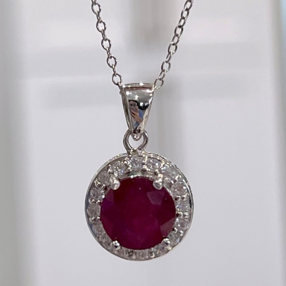 Niassa Ruby White Zircon Sterling Silver Halo Pendant Necklace - Picture 4 of 14